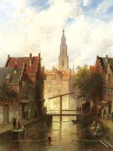 A view of a town with figures by a drawbridge