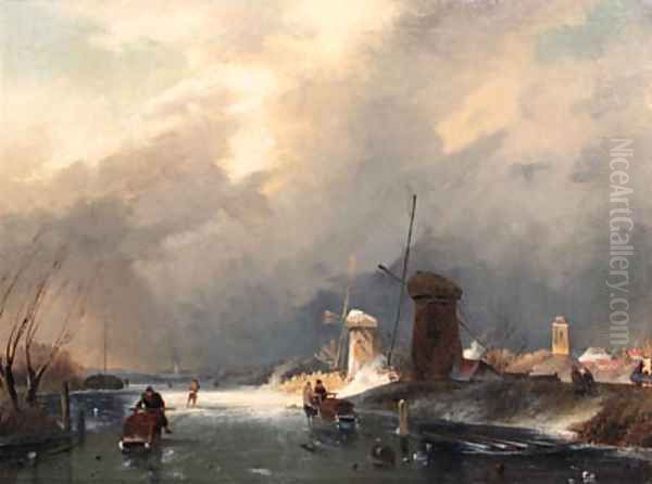 A winter landscape with figures on a frozen waterway - view 1