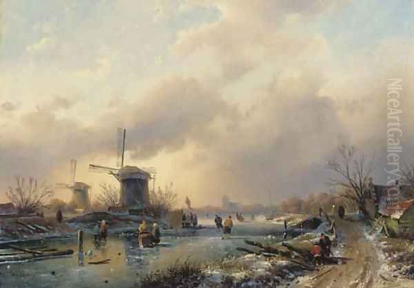 Figures on the ice by a koek en zopie, a country road leading to a town in the distance - view 1