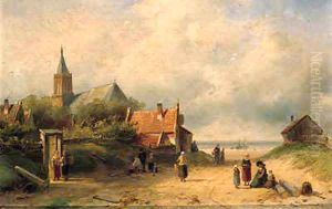 A coastal village with fisherfolk conversing in the foreground