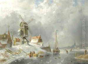 A winter landscape with figures on the ice