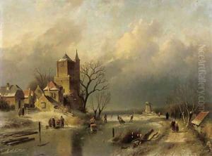 A winter landscape with skaters on a frozen river by a stronghold