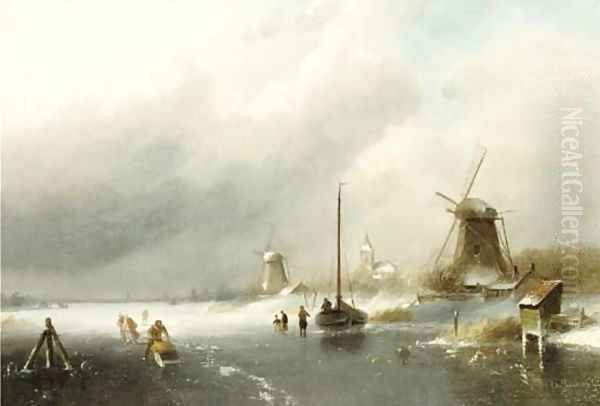 Figures on a frozen river, with windmills beyond - view 1
