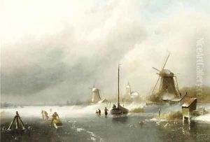 Figures on a frozen river, with windmills beyond by Charles Henri Leickert