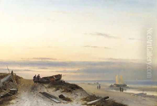Fishermen on a beach at sunset - view 1