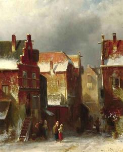 Numerous townsfolk in a street in winter