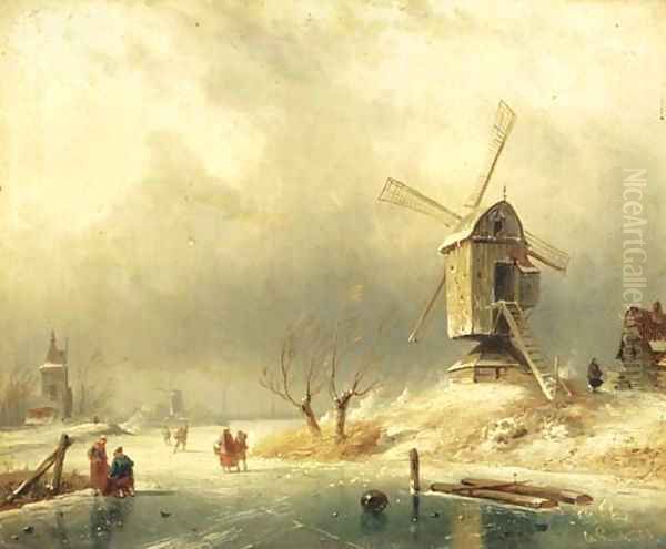 Winter figures on the ice by a windmill - view 1