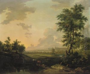 A Wooded River Landscape With A Drover Crossing A Bridge With Hiscattle by Jean Louis (Marnette) De Marne