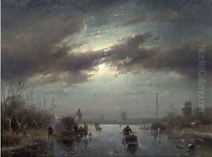 A moonlit landscape in winter with skaters by a koek-en-zopie