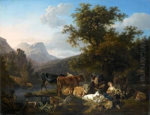 Two Shepherdesses And Their 
Flock Resting Beside A Stream, A Mountainous Landscape Beyond