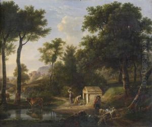 Scene Pastorale A La Fontaine Dans Un Paysage Classique