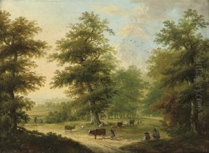 A Wooded Landscape With Drovers And Their Cattle by Jean Louis (Marnette) De Marne