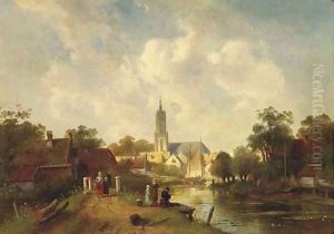 Along the river in summer, a town beyond