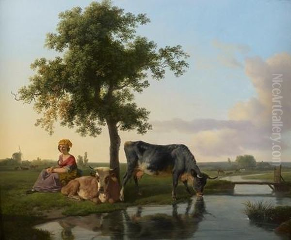 Le Repos D'une Bergere Et De Ses Vaches Sous Un Arbre - view 1