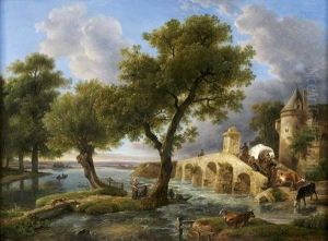 Chateau Fortifie Et Pont Sur Une Riviere Avec Des Bergers