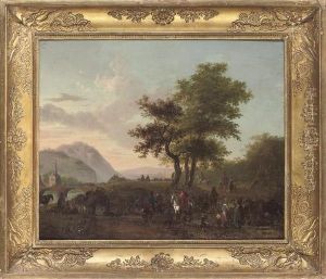 Cavalry Officers Conversing With Peasants On A Track, An Army Crossing A Bridge Beyond by Jean Louis (Marnette) De Marne