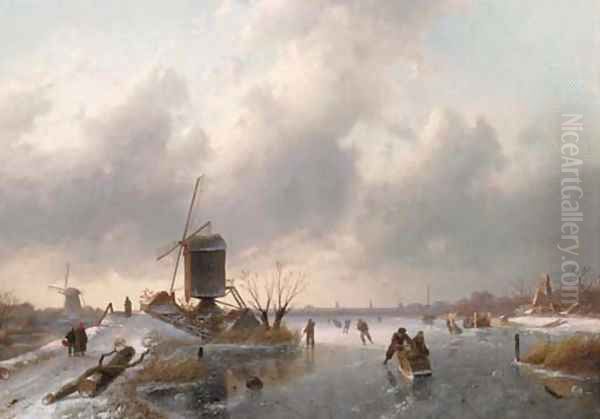 An extensive winter landscape at dusk with skaters on the ice and a koek and zopie in the distance - view 1