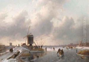 An extensive winter landscape at dusk with skaters on the ice and a koek and zopie in the distance by Charles Henri Leickert