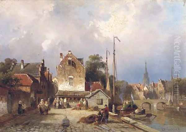 Daily activities on a quay in a Dutch town - view 1