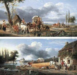 Travelling Peasants With Their
Cattle And Sheep In A Landscape; Andfigures With Animals Outside An Inn
Beside A Wheat Field by Jean Louis (Marnette) De Marne