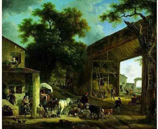 Une Halte De Bergers Et Leur Troupeau Devant Une Auberge - view 1