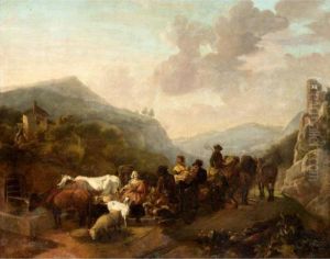 An Extensive Italianate Landscape With A Caravan Of Drovers Watering Their Animals
