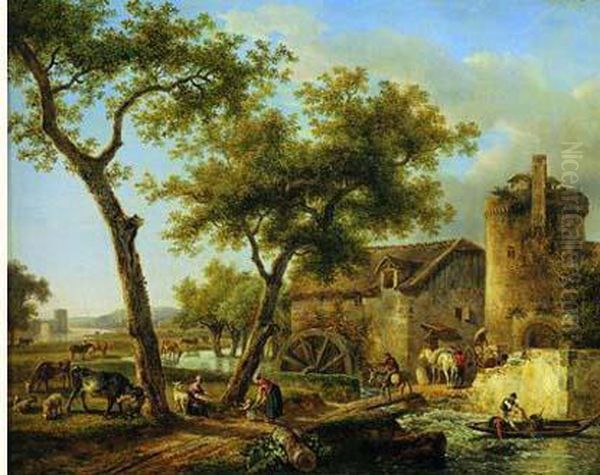 Paysans Et Leur Troupeau Pres D'un Moulin A Eau - view 1