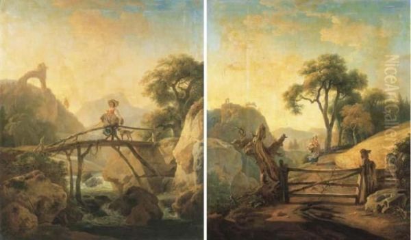 Une Bergere Et Son Chien Sur Un Pont; Et Une Paysanne S'avancantsur Un Chemin - view 1