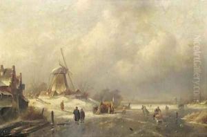 Figures and a koek en zopie on the ice by a windmill Figures and a koek en zopie on the ice by a windmill