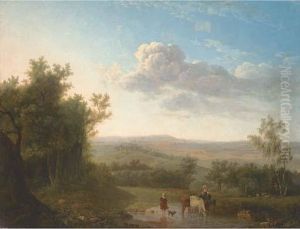 An Extensive Landscape With 
Cattle And Two Women Crossing A Ford, A Shepherd And Flock By A Tree