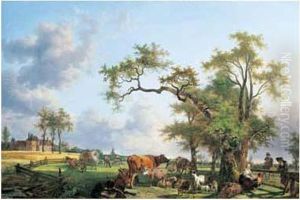 Bergere Et Son Troupeau Dans Un Paysage Avec Un Chateau Dans Le Fond by Jean Louis (Marnette) De Marne
