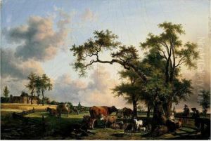 A Landscape With A Shepherdess 
Playing With A Child At The Edge Of A Paddock, A Chateau Beyond