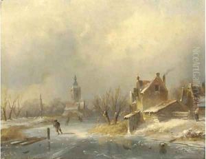 Figures on a frozen waterway by Charles Henri Leickert