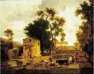 Bergers Et Leurs Troupeaux Sur Une Route Pavee