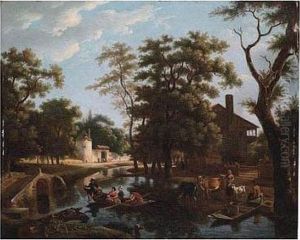 River Landscape With Ferryboats Near A Village River Landscape With Ferryboats Near A Village