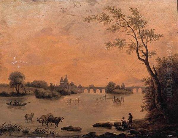 A River Landscape With Peasants On A Bank, Cattle Watering And Abridge Beyond - view 1