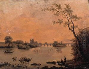 A River Landscape With Peasants On A Bank, Cattle Watering And Abridge Beyond A River Landscape With Peasants On A Bank, Cattle Watering And Abridge Beyond