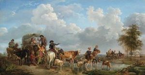 Peasants With Carts And Cattle Crossing A Ford, A Castle In Anextensive Landscape Beyond by Jean Louis (Marnette) De Marne