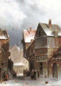Figures on a street in winter