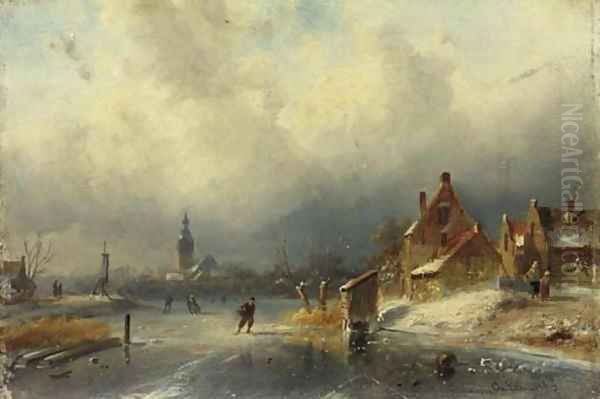 Figures on the ice by a Dutch town - view 1