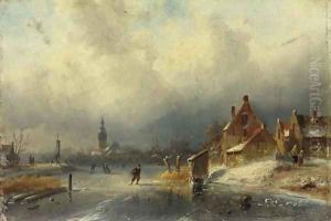Figures on the ice by a Dutch town by Charles Henri Leickert