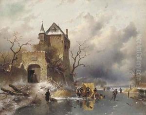 Skaters on a Frozen Lake by the Ruins of a Castle