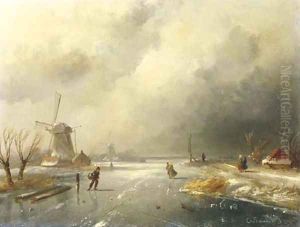 Skaters on a frozen river by Charles Henri Leickert