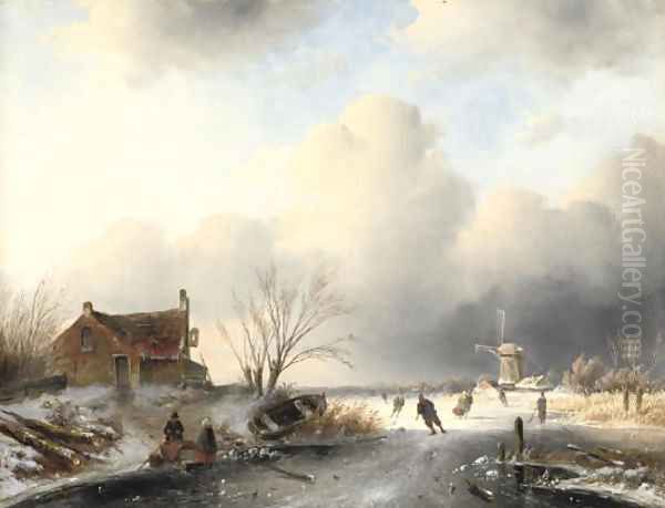 Skaters on a frozen waterway - view 1