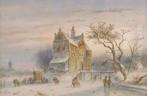 Skaters on the ice by a mansion - view 1