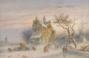 Skaters on the ice by a mansion