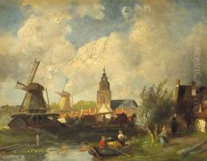View of a town along a canal by Charles Henri Leickert