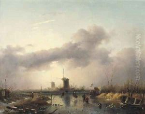 Winterlandscape with figures on a frozen river, a koek en zopie beyond by Charles Henri Leickert