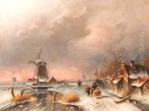 An evening winter landscape with windmills - view 1