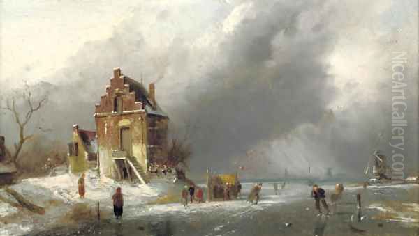 Skaters on a frozen Dutch waterway - view 1